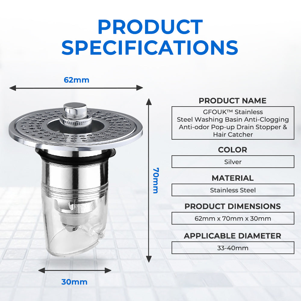 Muvolantia Stainless Steel Washing Basin Anti-Clogging Anti-odor Pop-up Drain Stopper & Hair Catcher